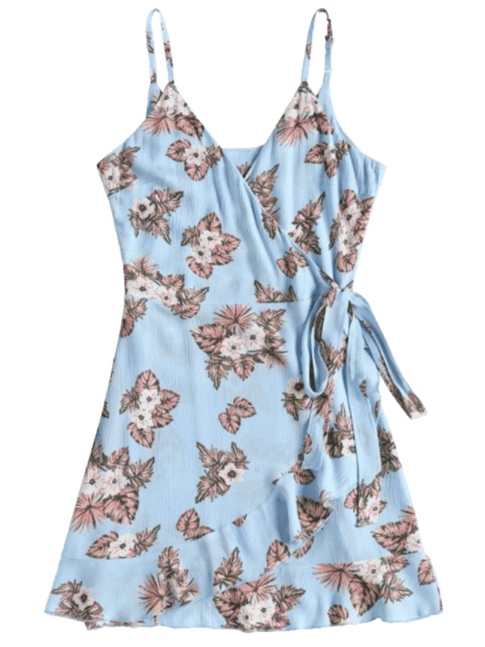 ZAFUL Light Blue Floral Cami Wrap Mini Sundress